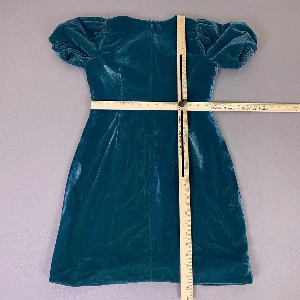 J.Crew‎ Collection Velvet Puff Mini Dress Women's Size 4 Teal Sleeve Rosette NWT